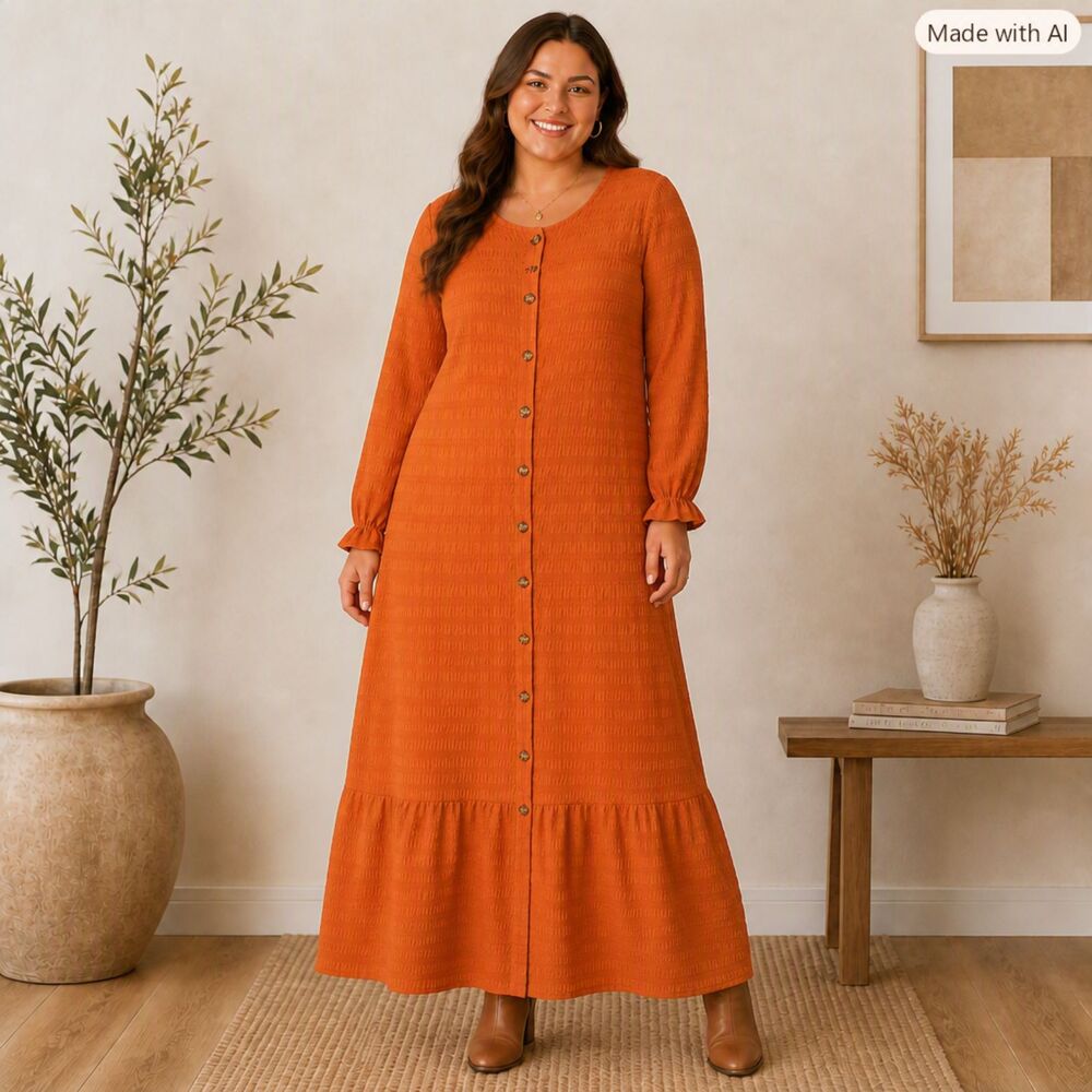 SHEIN Orange Textured Puckered Button-Front Maxi Dress - Size L (8/10)